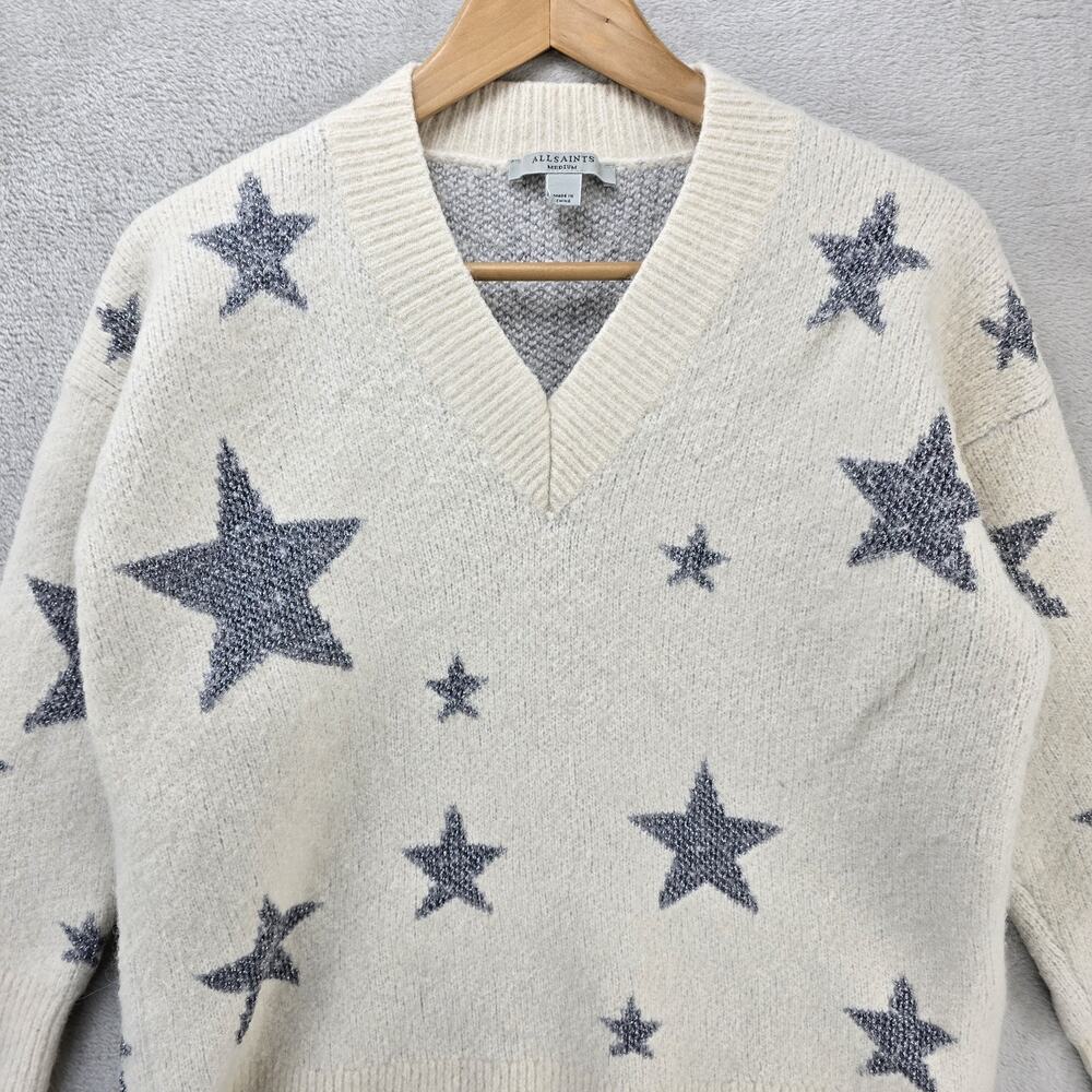 All Saints Star Jumper Sweater Womens Medium M Wool Alpaca Off White Silver - Picture 3 of 9
